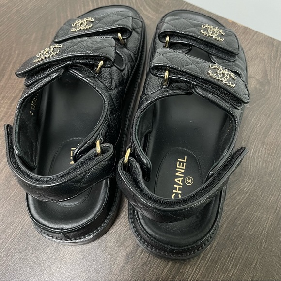 CHANEL Authentic Black Caviar Leather Dad Sandals Gold Hardware Strap Shoes - Picture 5 of 10